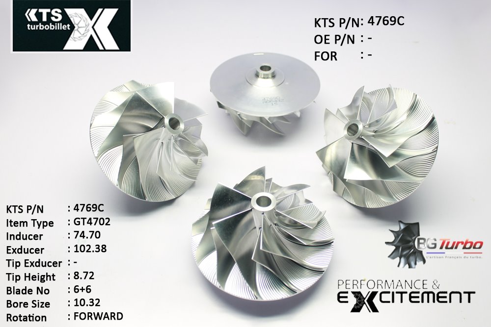 Turbo ROUE FORGÉE MFS PERFORMANCE - 6+6 PALES - INDUCER : 74,7 - EXDUCER : 102,38 - TYPE : GT4702ANGLE : 55° - ROTATION : Forward - SUPER BACK : 14,4 - BORE SIZE : 10,32
